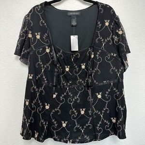 Lane Bryant Blouse Womens 22/24 Lined Corset Front Closure Embroidered Black NEW